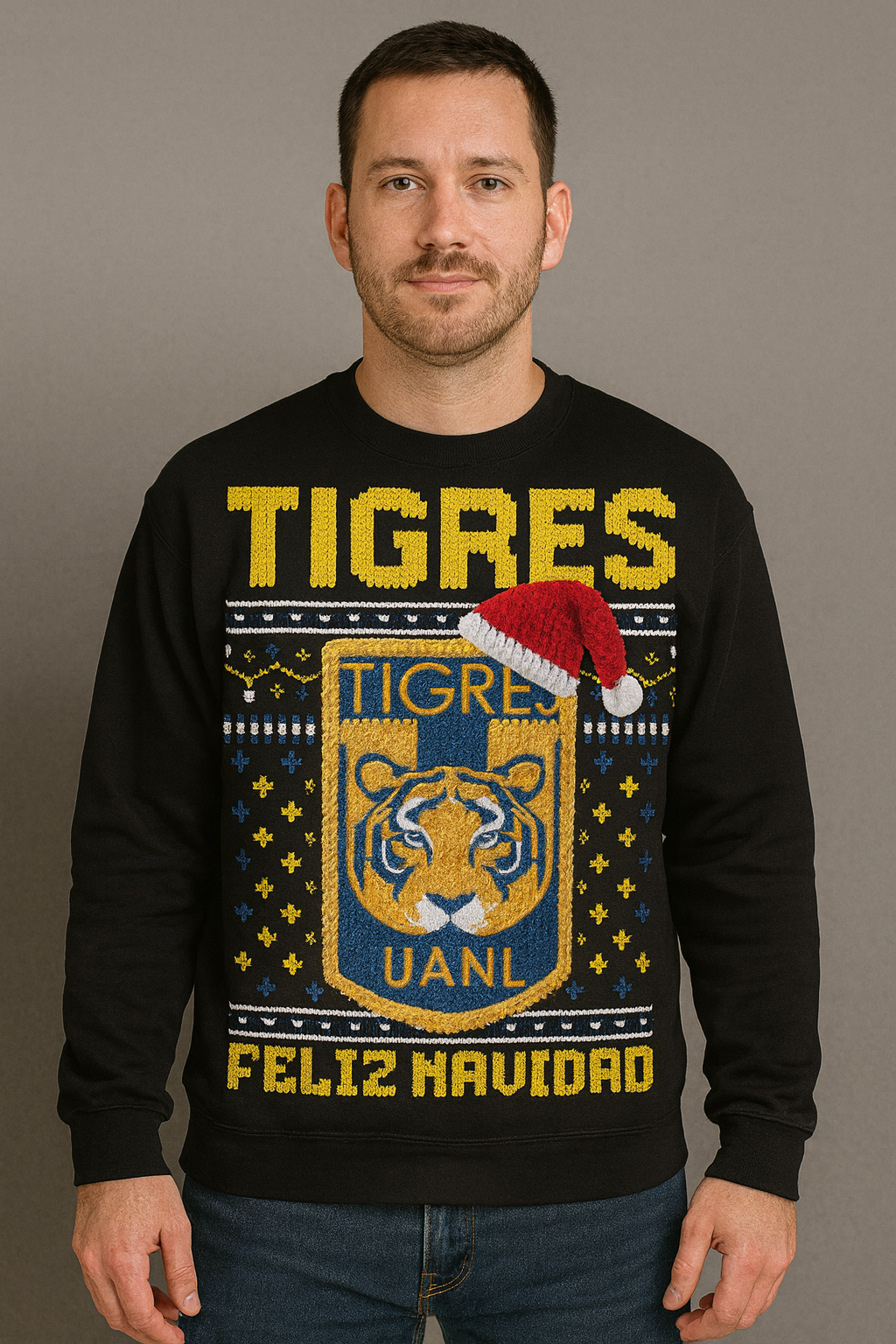Suéter navideño Ugly Sweater Club Tigres UANL Estilo Crochet Edición Especial