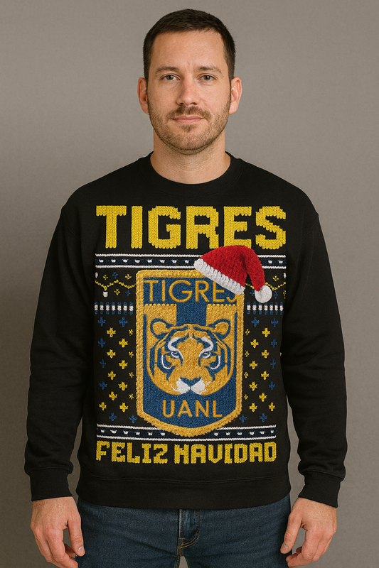 Suéter navideño Ugly Sweater Club Tigres UANL Estilo Crochet Edición Especial